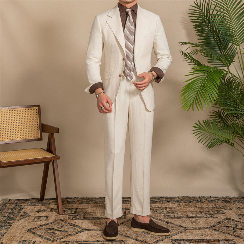 Hemp Texture Half Lined Slim Fit Men’s Suit - Apricot / Suit M pants29