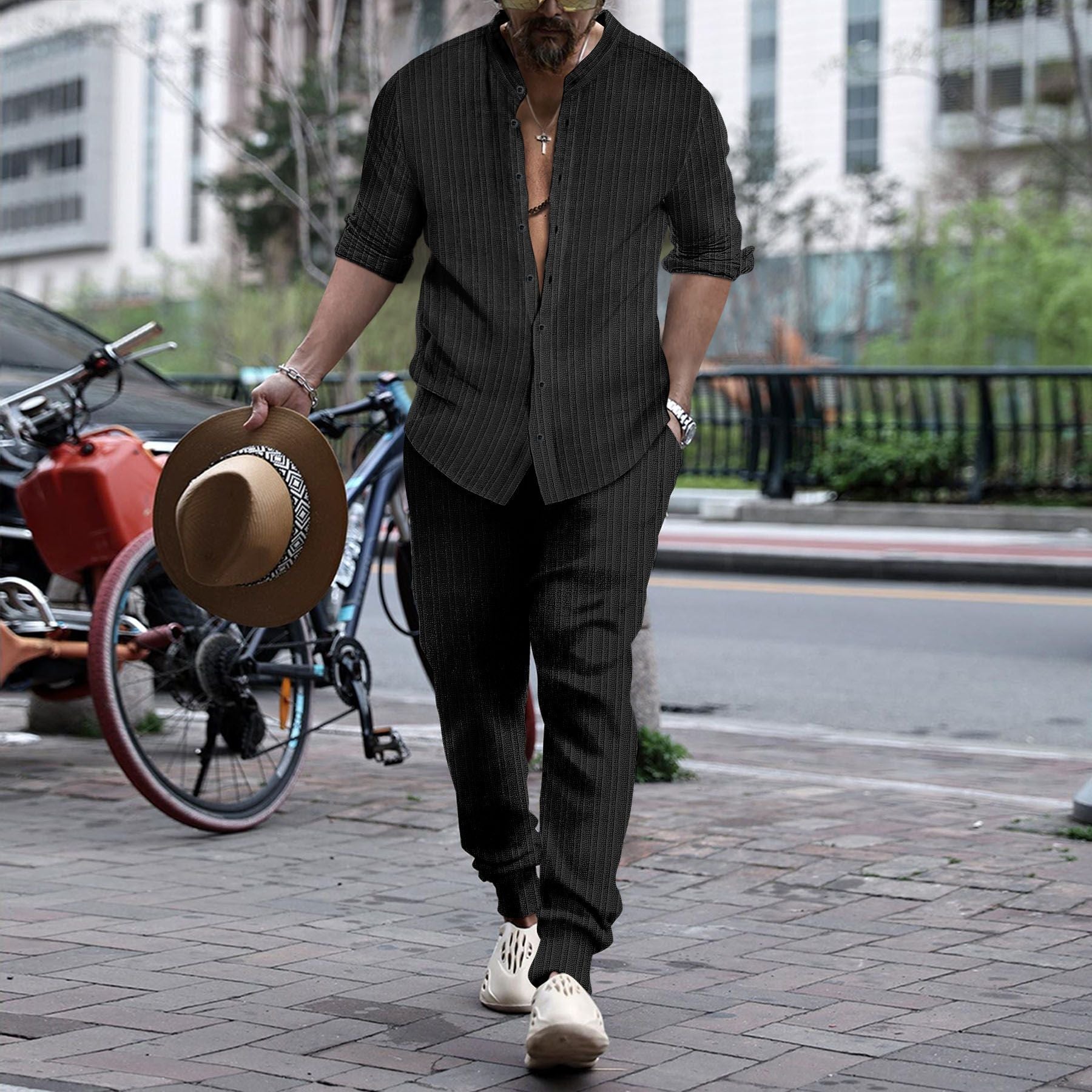 Men’s Striped Hengli Collar Shirt Trousers - Black / S