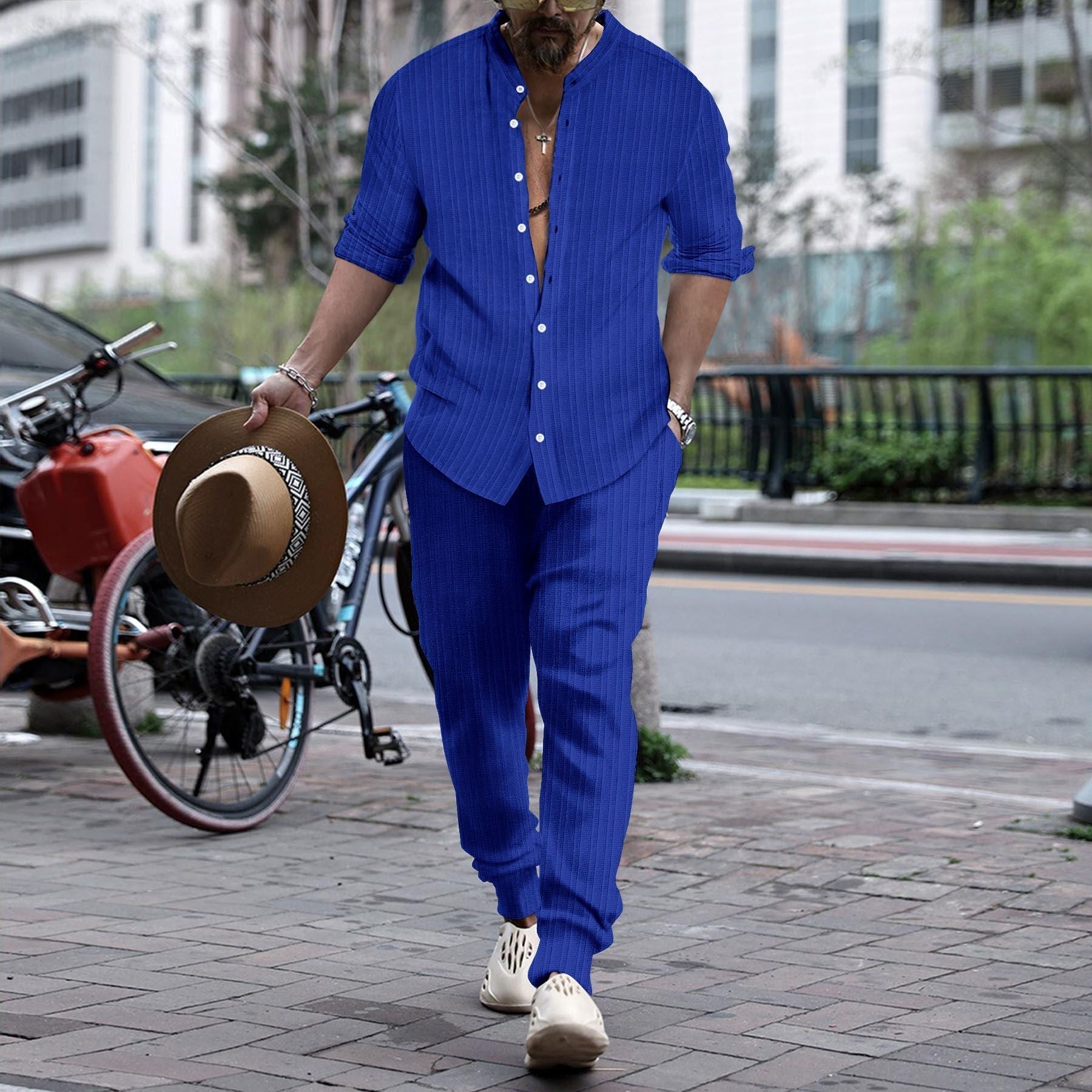 Men’s Striped Hengli Collar Shirt Trousers - Blue / S