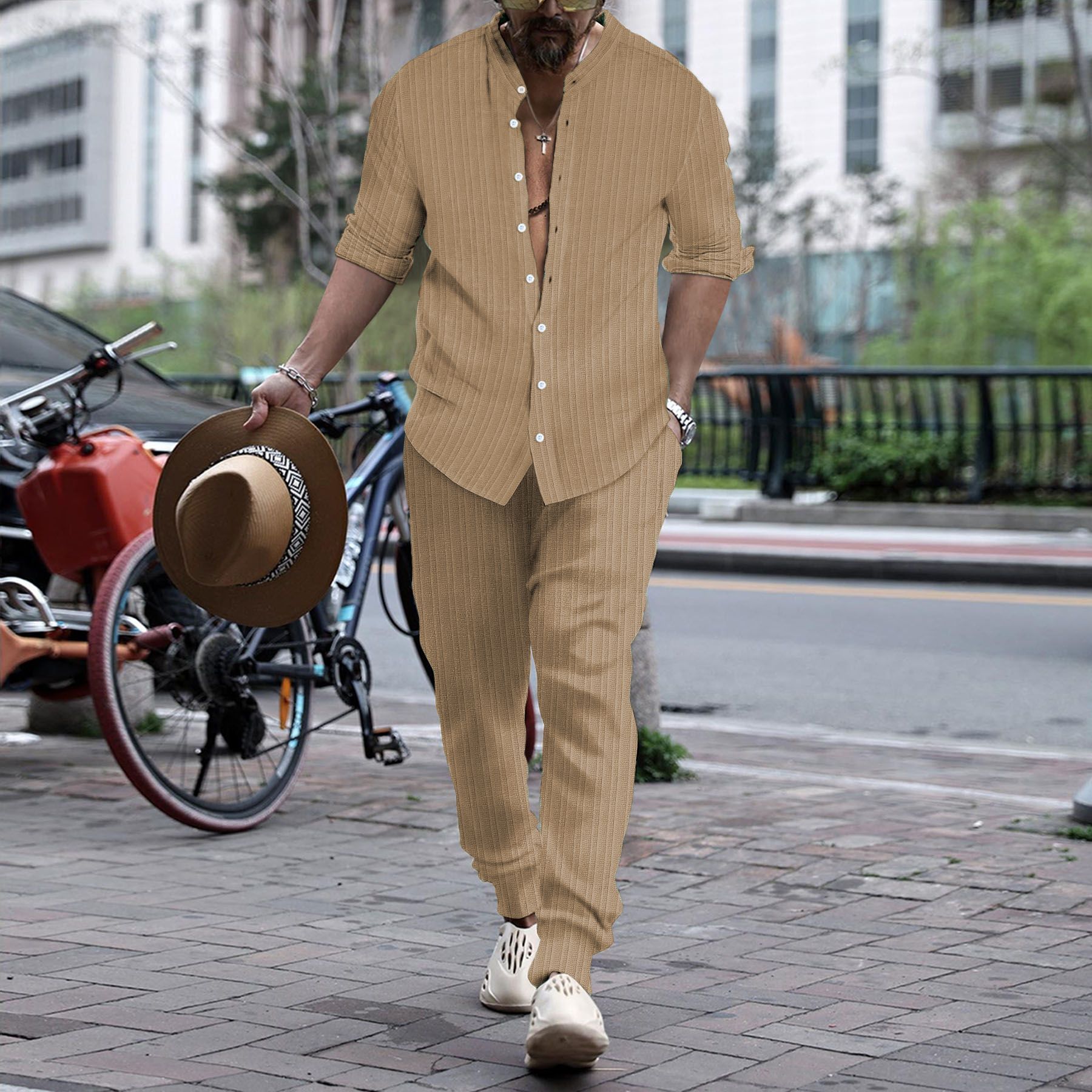 Men’s Striped Hengli Collar Shirt Trousers - Caramel / S