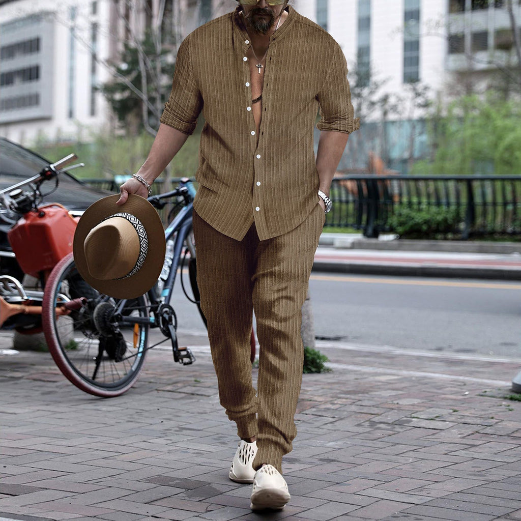 Men’s Striped Hengli Collar Shirt Trousers - Dark Brown / S