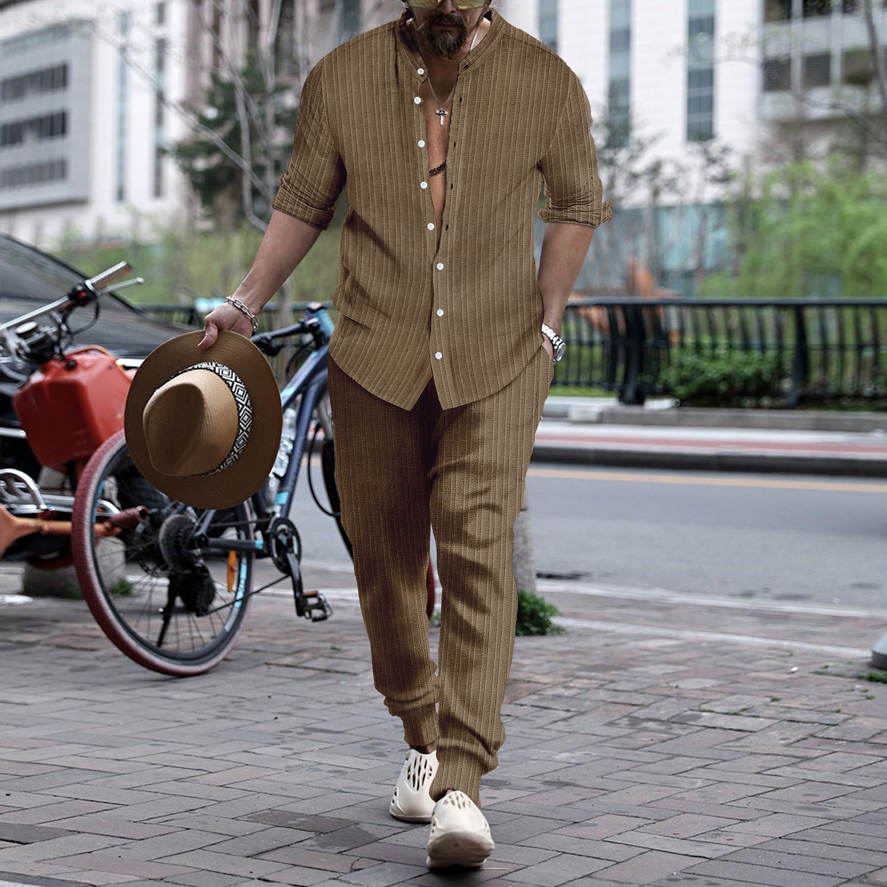Men’s Striped Hengli Collar Shirt Trousers - Dark Brown / S
