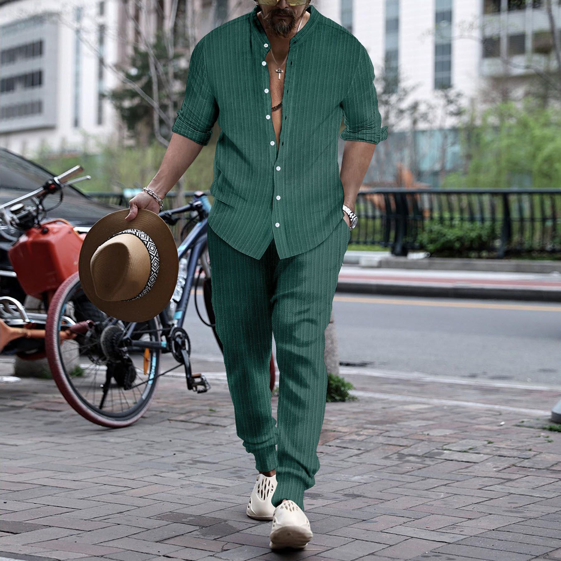 Men’s Striped Hengli Collar Shirt Trousers - Dark Green / S