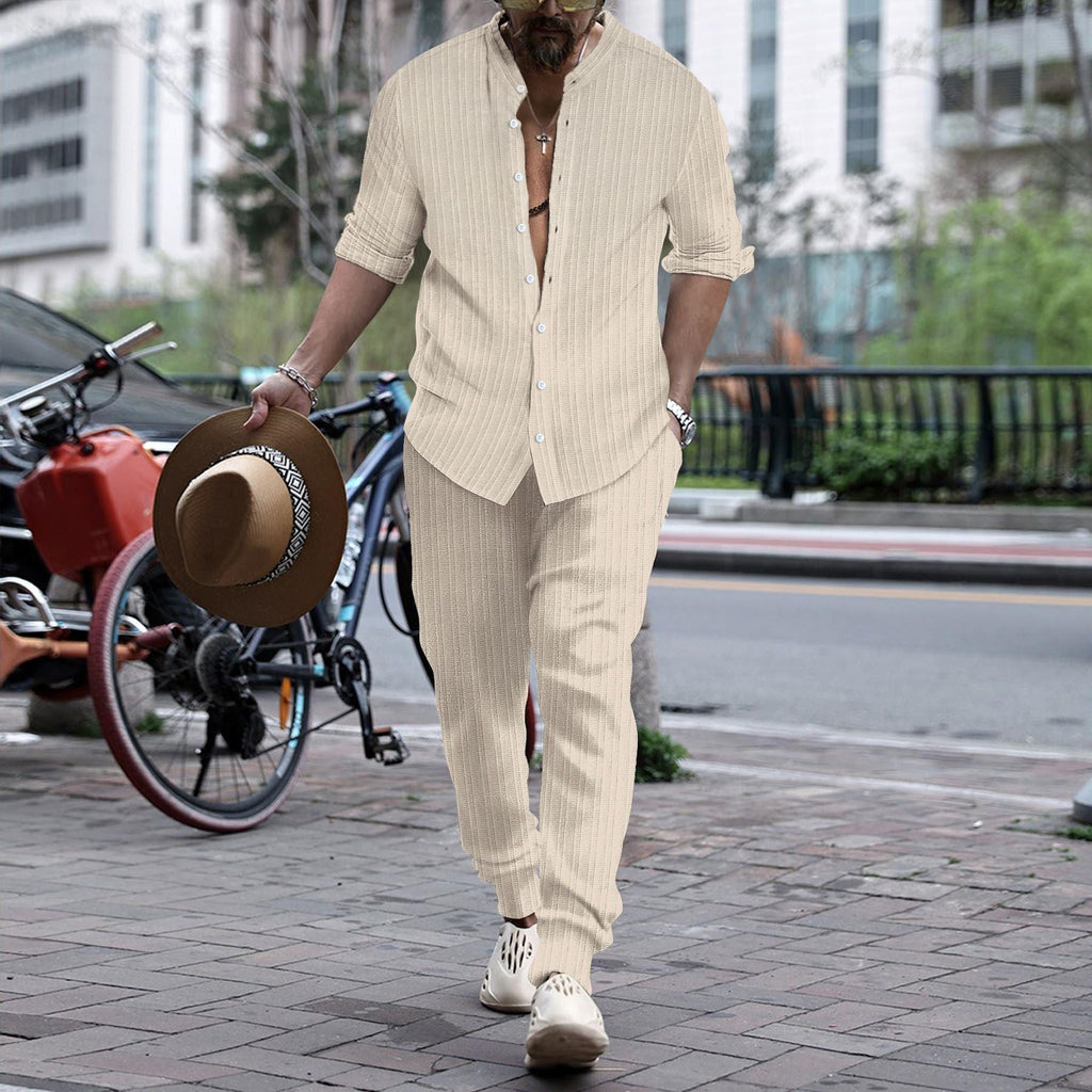 Men’s Striped Hengli Collar Shirt Trousers - Khaki / S