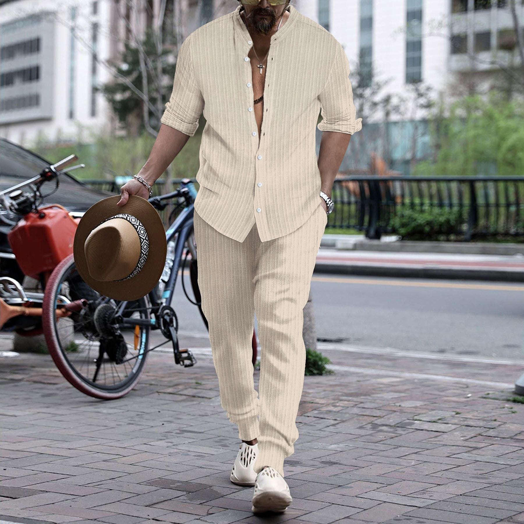 Men’s Striped Hengli Collar Shirt Trousers - Khaki / S