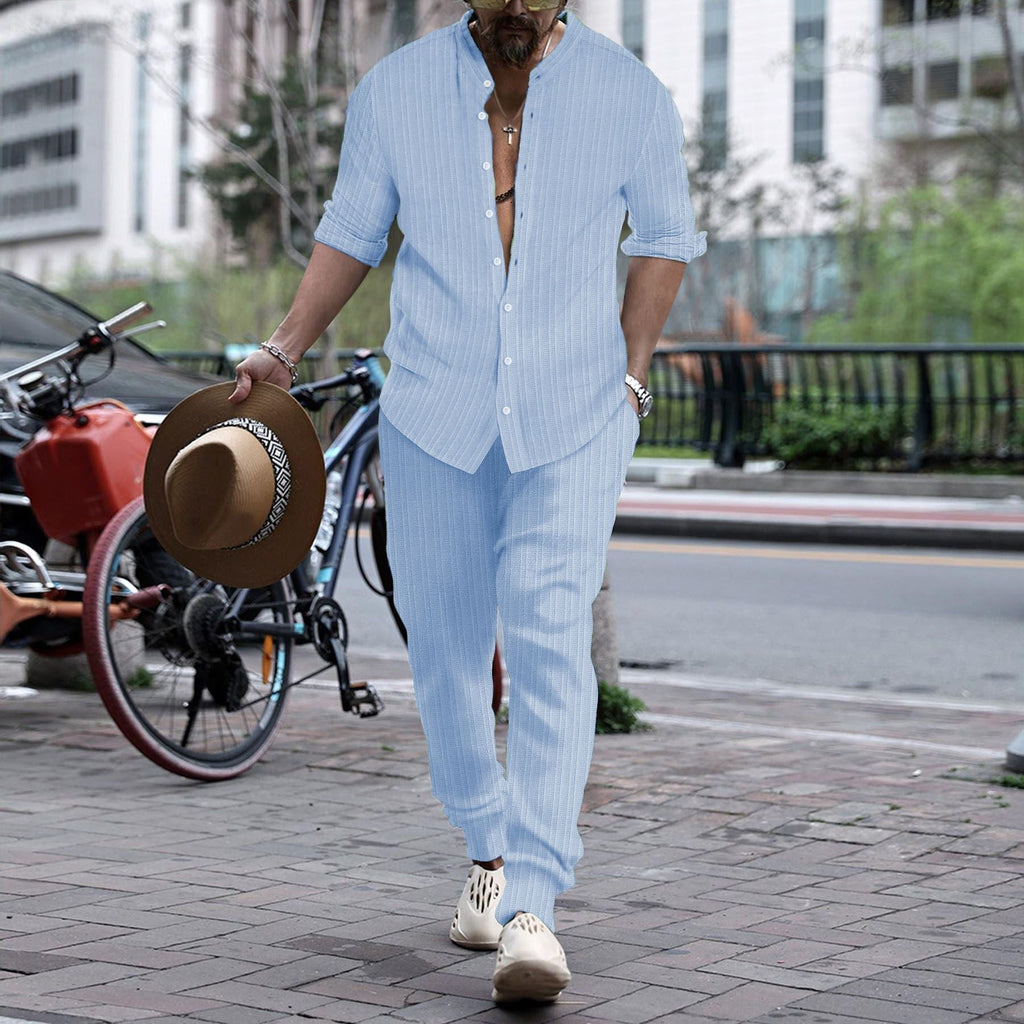 Men’s Striped Hengli Collar Shirt Trousers - Light Blue / S