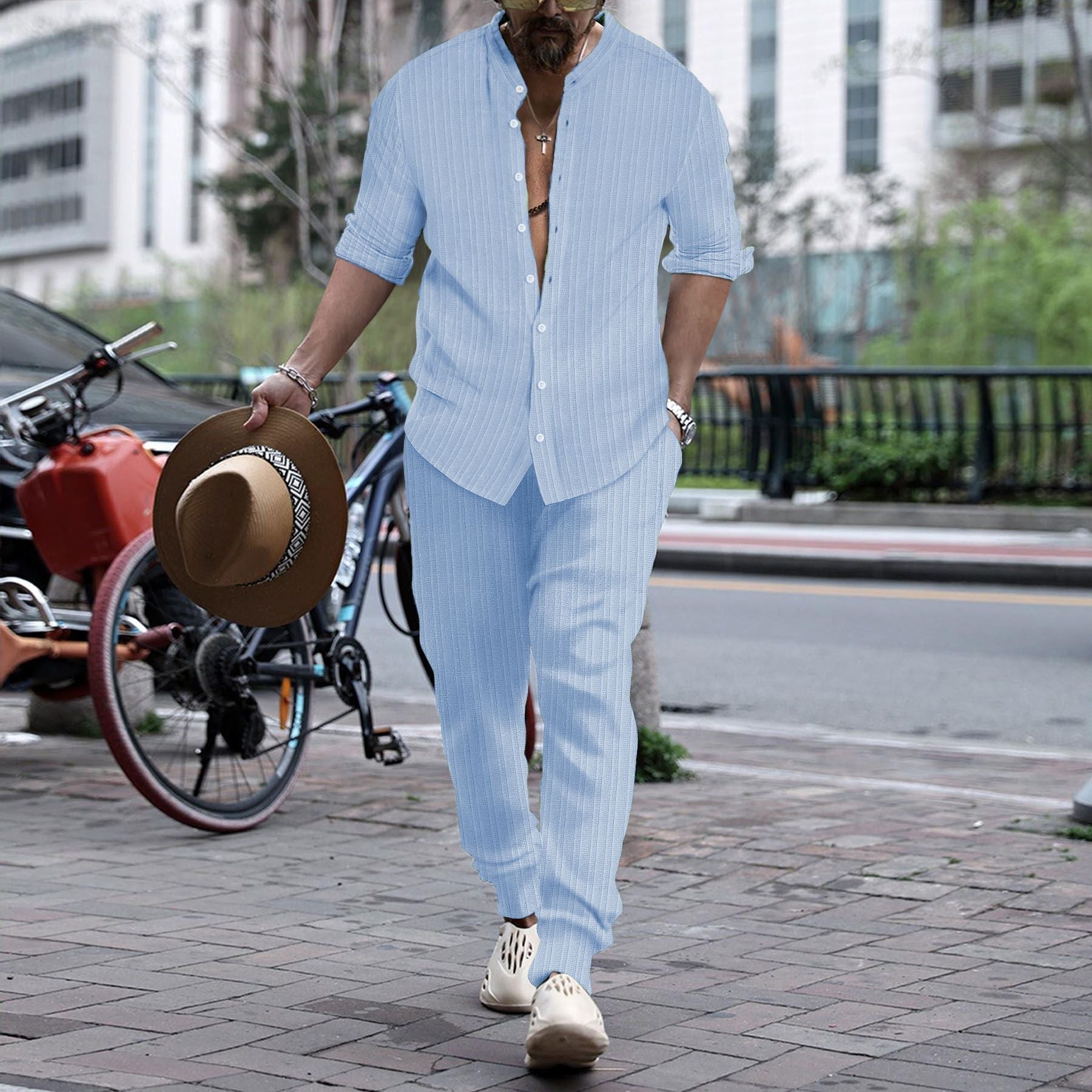 Men’s Striped Hengli Collar Shirt Trousers - Light Blue / S