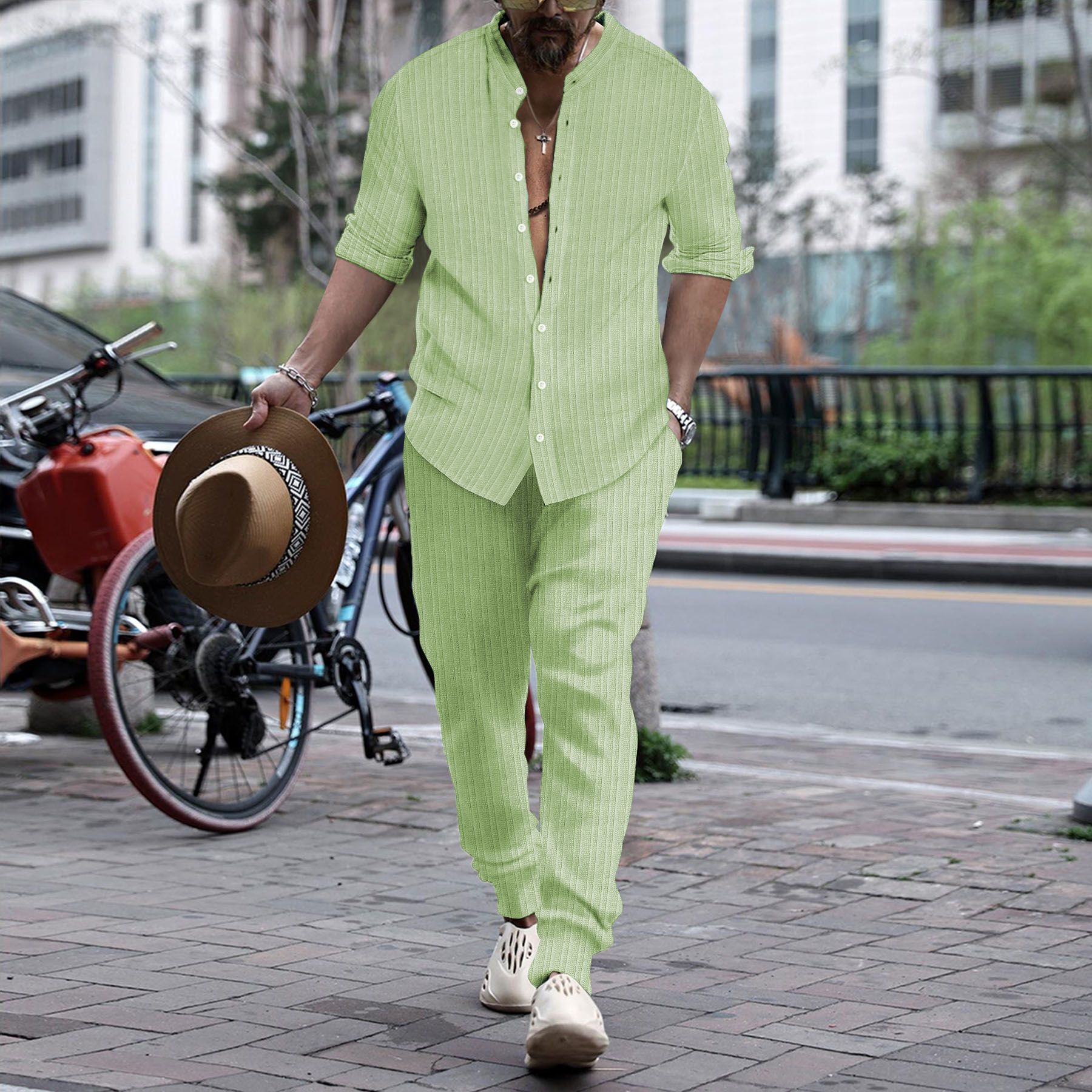Men’s Striped Hengli Collar Shirt Trousers - Light Green / S
