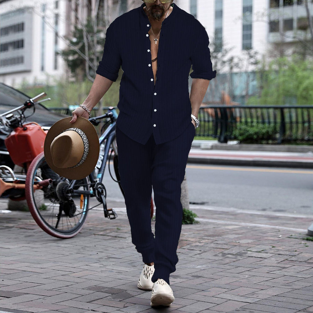 Men’s Striped Hengli Collar Shirt Trousers - Navy Blue / S