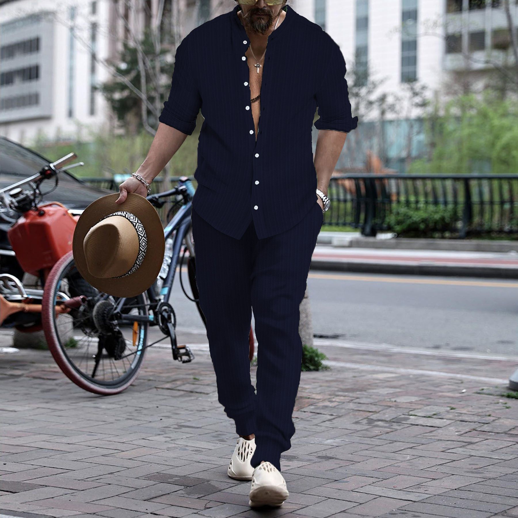 Men’s Striped Hengli Collar Shirt Trousers - Navy Blue / S