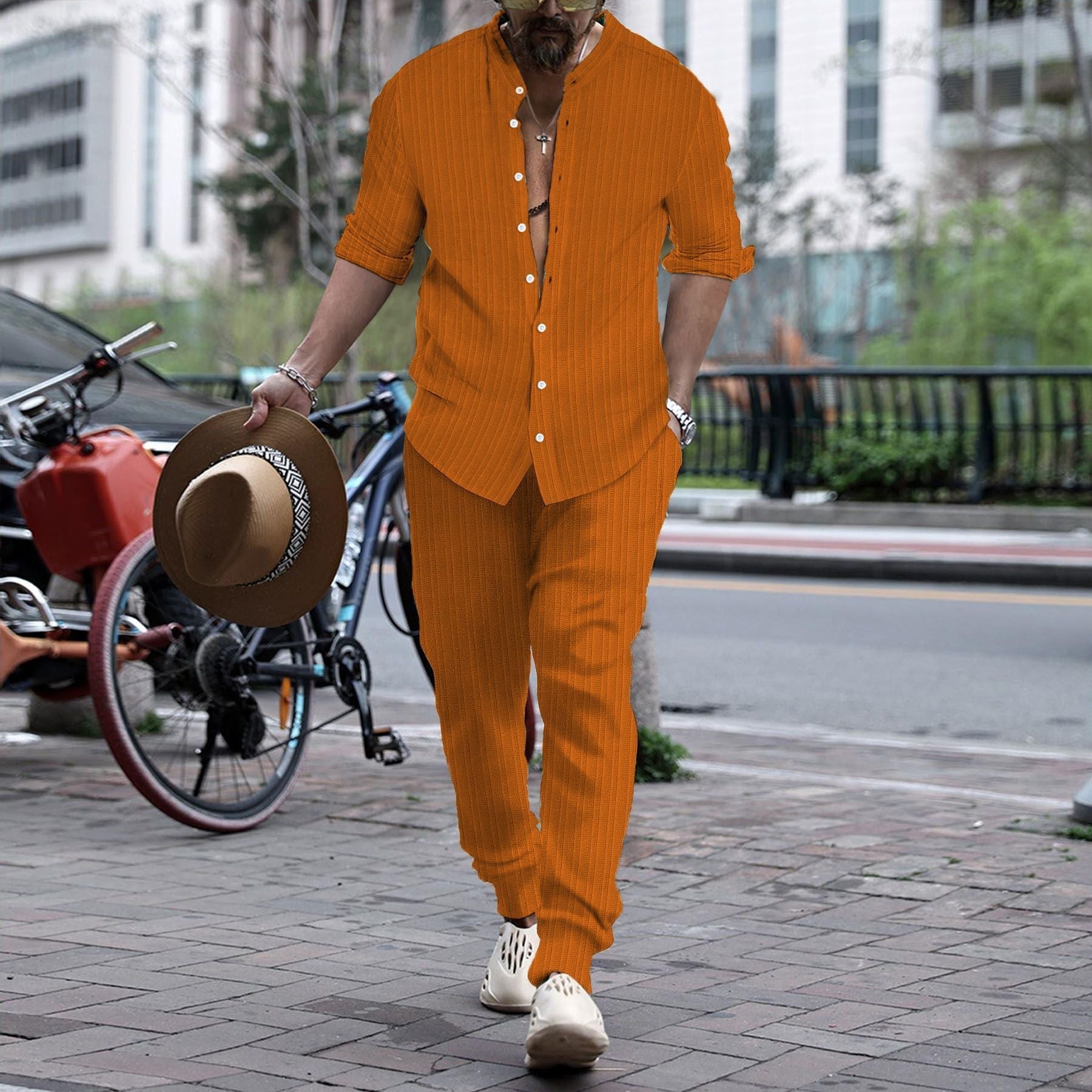 Men’s Striped Hengli Collar Shirt Trousers - Orange / S