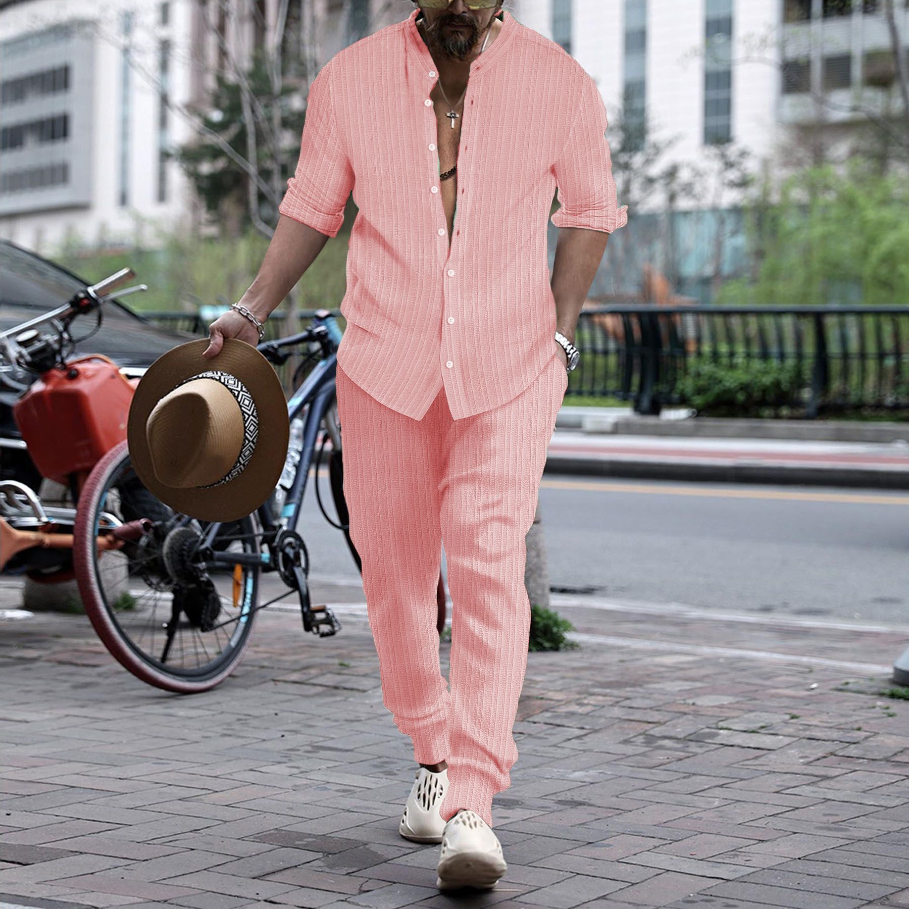 Men’s Striped Hengli Collar Shirt Trousers - Pink / S