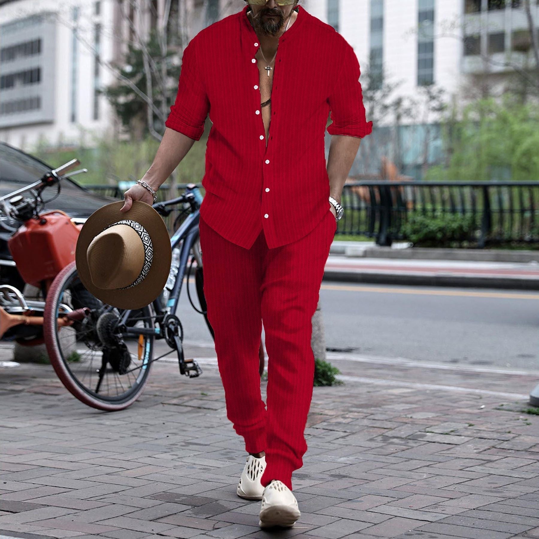 Men’s Striped Hengli Collar Shirt Trousers - Red / S