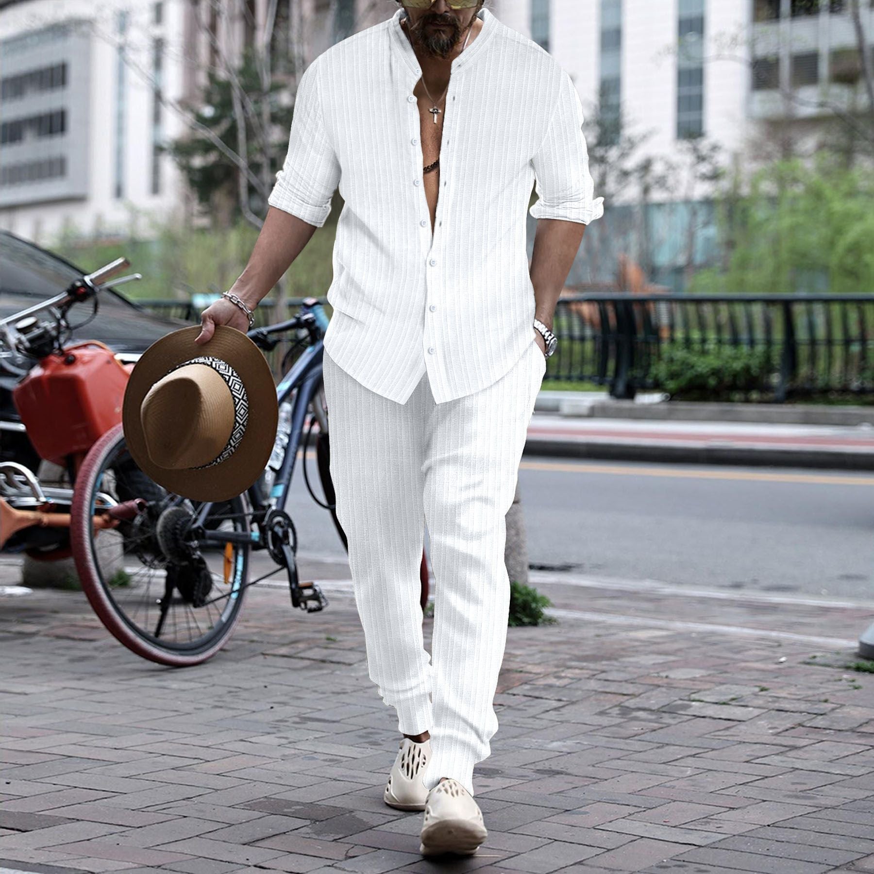 Men’s Striped Hengli Collar Shirt Trousers - White / S