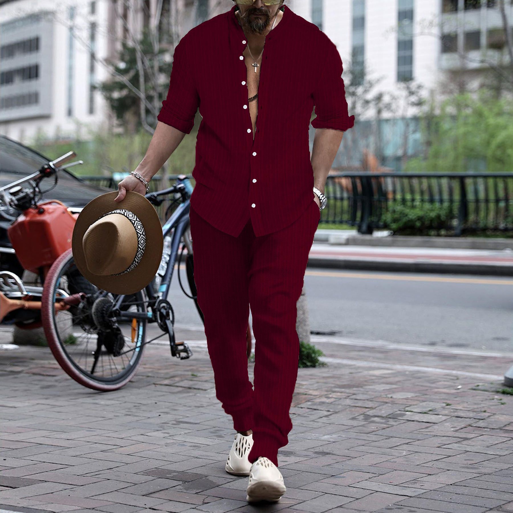 Men’s Striped Hengli Collar Shirt Trousers - Wine Red / S