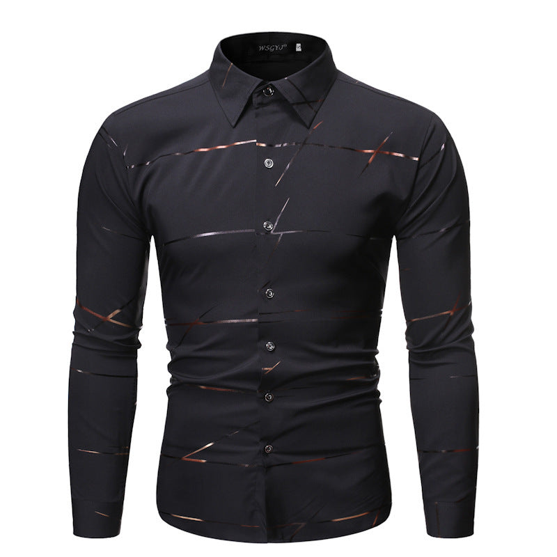 Fashion Henry Collar Design Shirt Line Bronzing Printing Long-sleeved Shirt For Men - Black / S