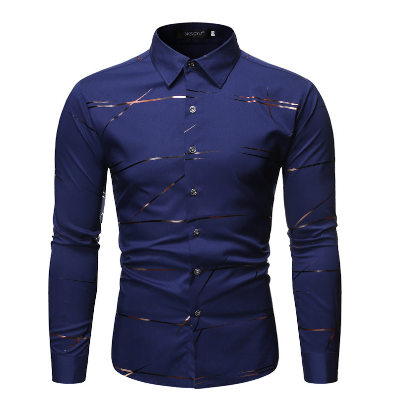 Fashion Henry Collar Design Shirt Line Bronzing Printing Long-sleeved Shirt For Men - Navy Blue / S