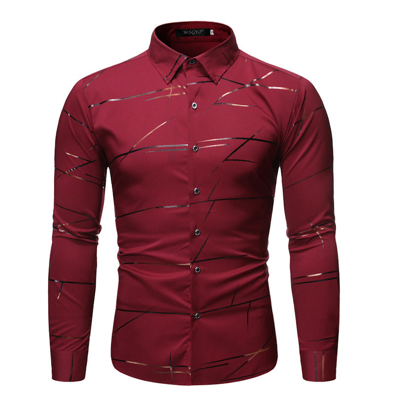 Fashion Henry Collar Design Shirt Line Bronzing Printing Long-sleeved Shirt For Men - Red / S