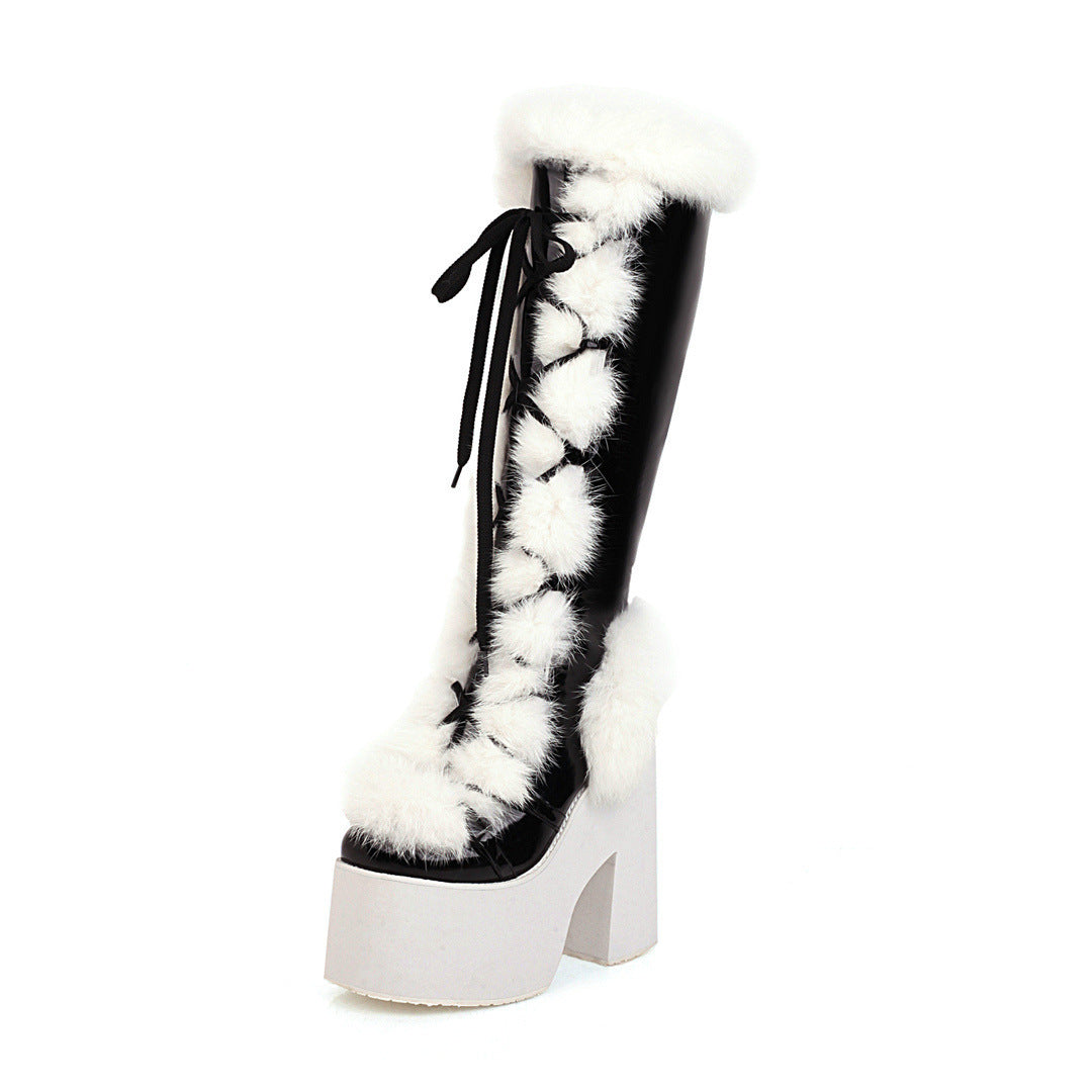 High Heeled Platform Thick Soled Snow Boots Fur Boots - Black / 34