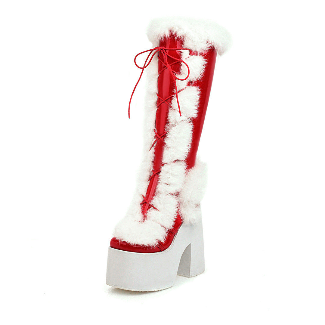 High Heeled Platform Thick Soled Snow Boots Fur Boots - Red / 34