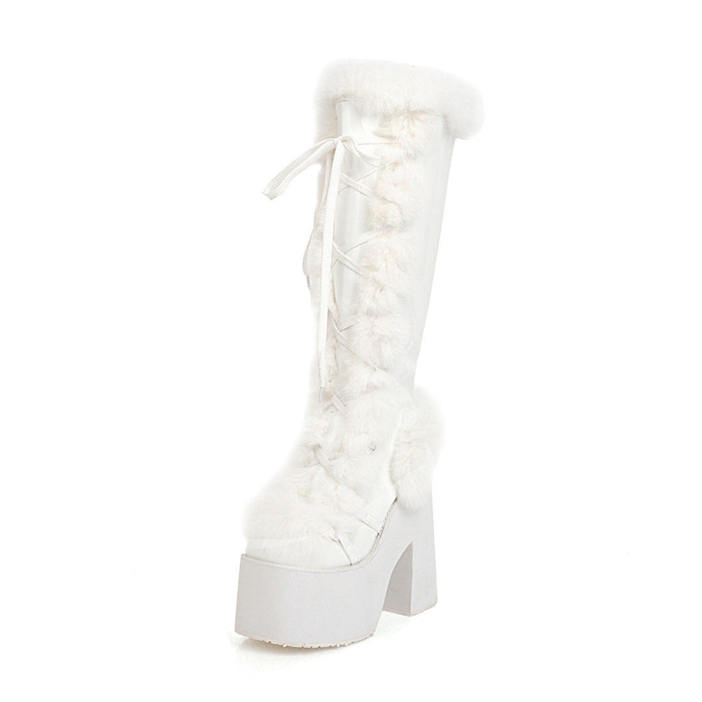 High Heeled Platform Thick Soled Snow Boots Fur Boots - White / 34