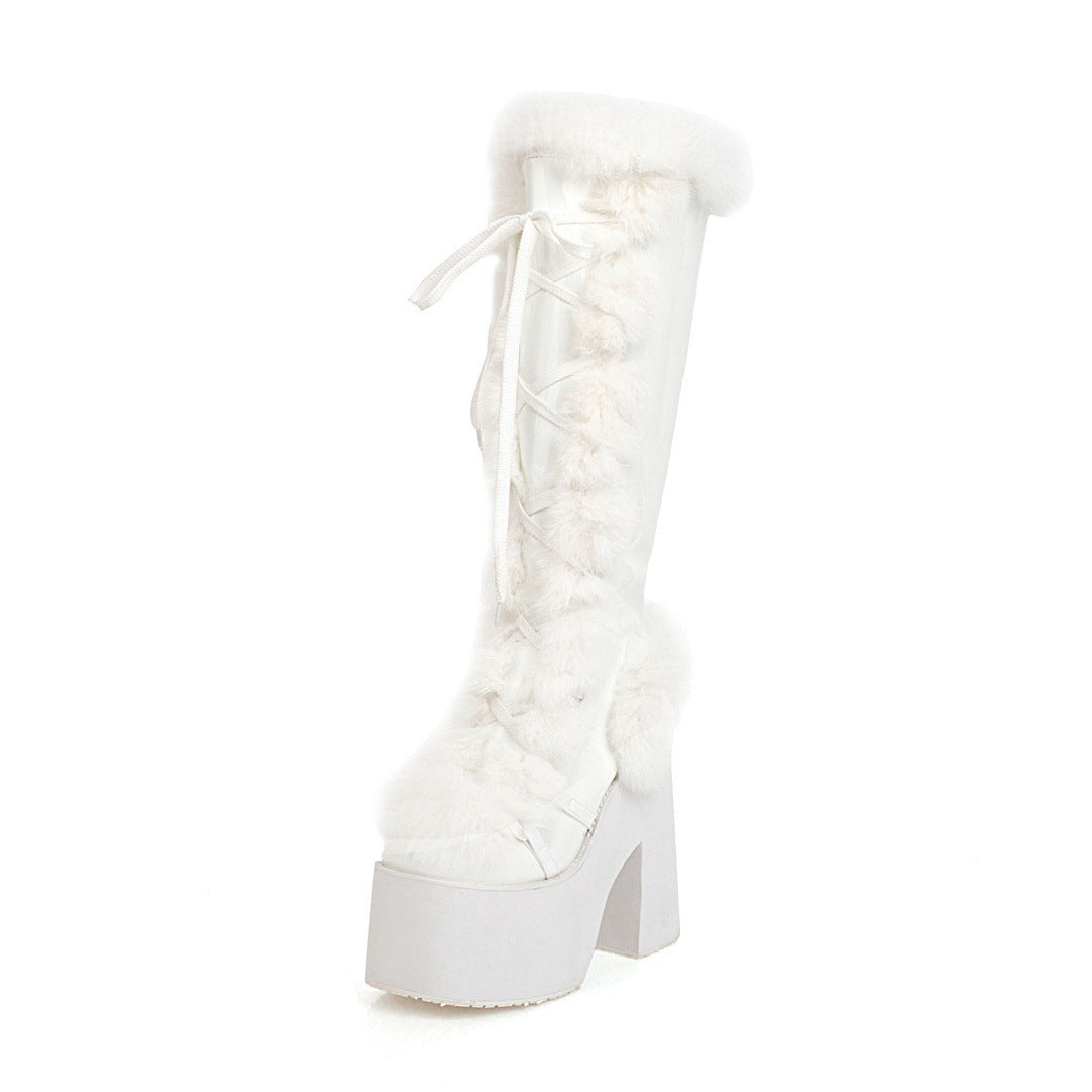 High Heeled Platform Thick Soled Snow Boots Fur Boots - White / 34