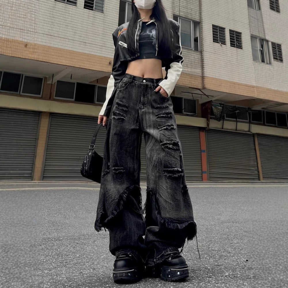 High Street Distressed Cargo Jeans Wide Leg Trousers - Black / S