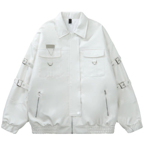 High Street Hot Sale PU Leather Jacket Coat - White Conventional Style / M