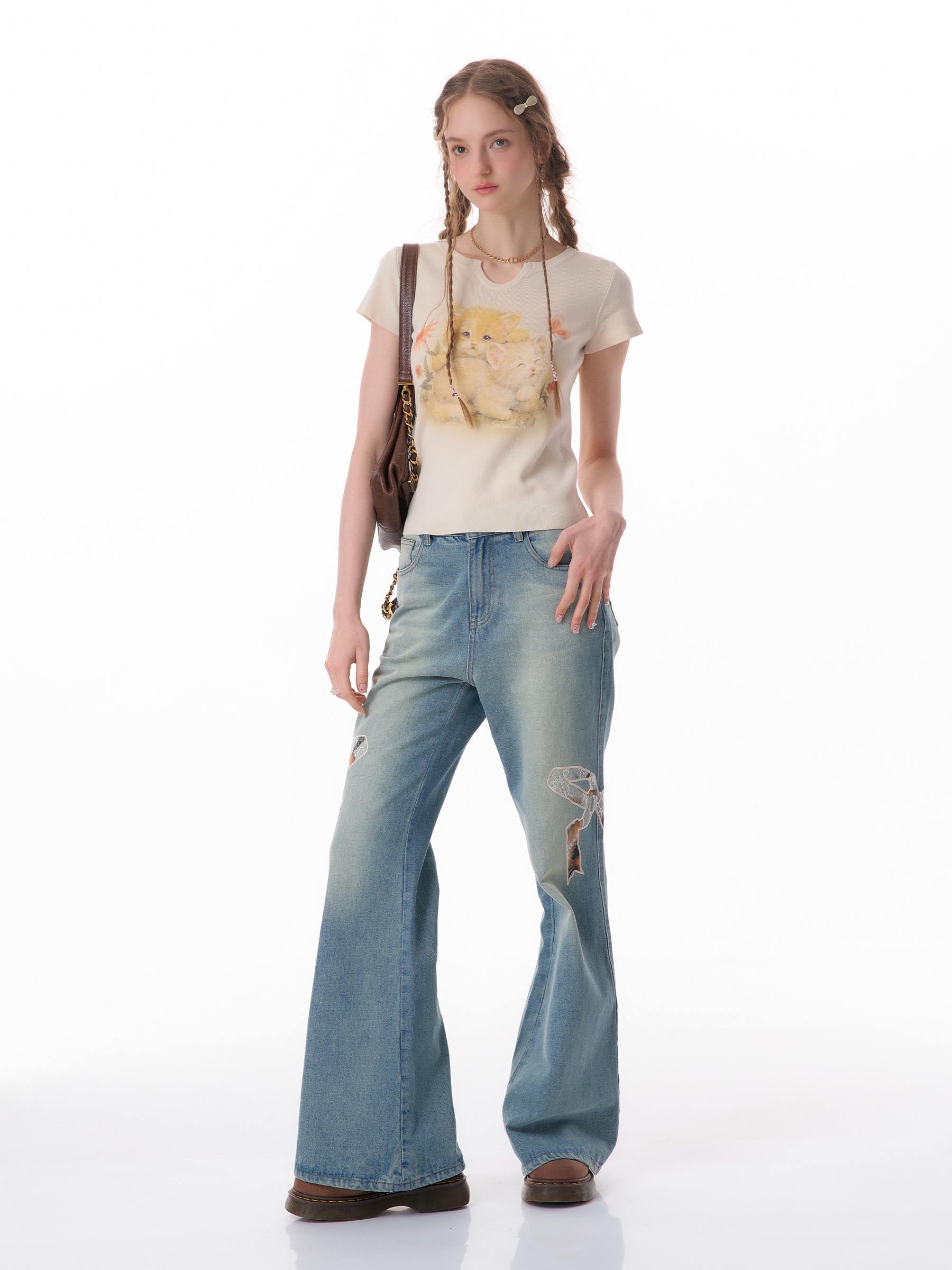 High Waist Bow Patch Wide Leg Straight Jeans