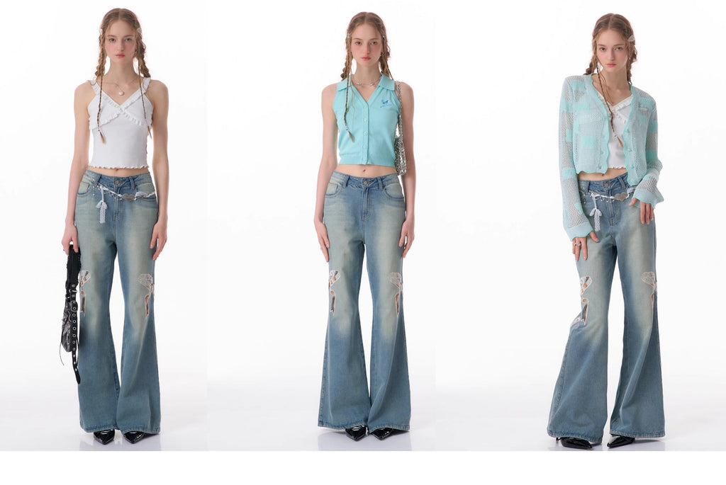 High Waist Bow Patch Wide Leg Straight Jeans
