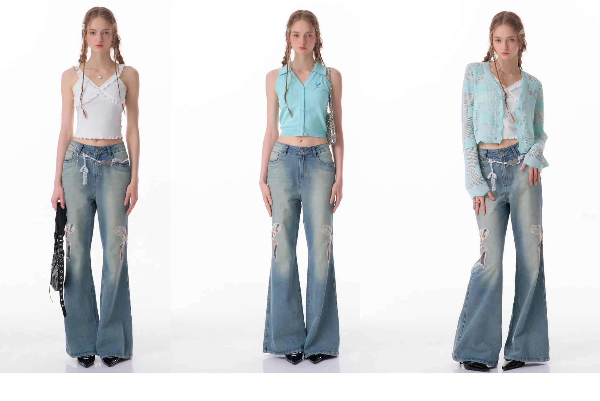 High Waist Bow Patch Wide Leg Straight Jeans