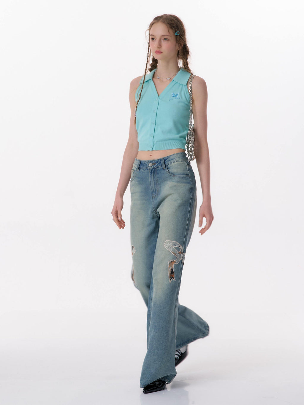 High Waist Bow Patch Wide Leg Straight Jeans