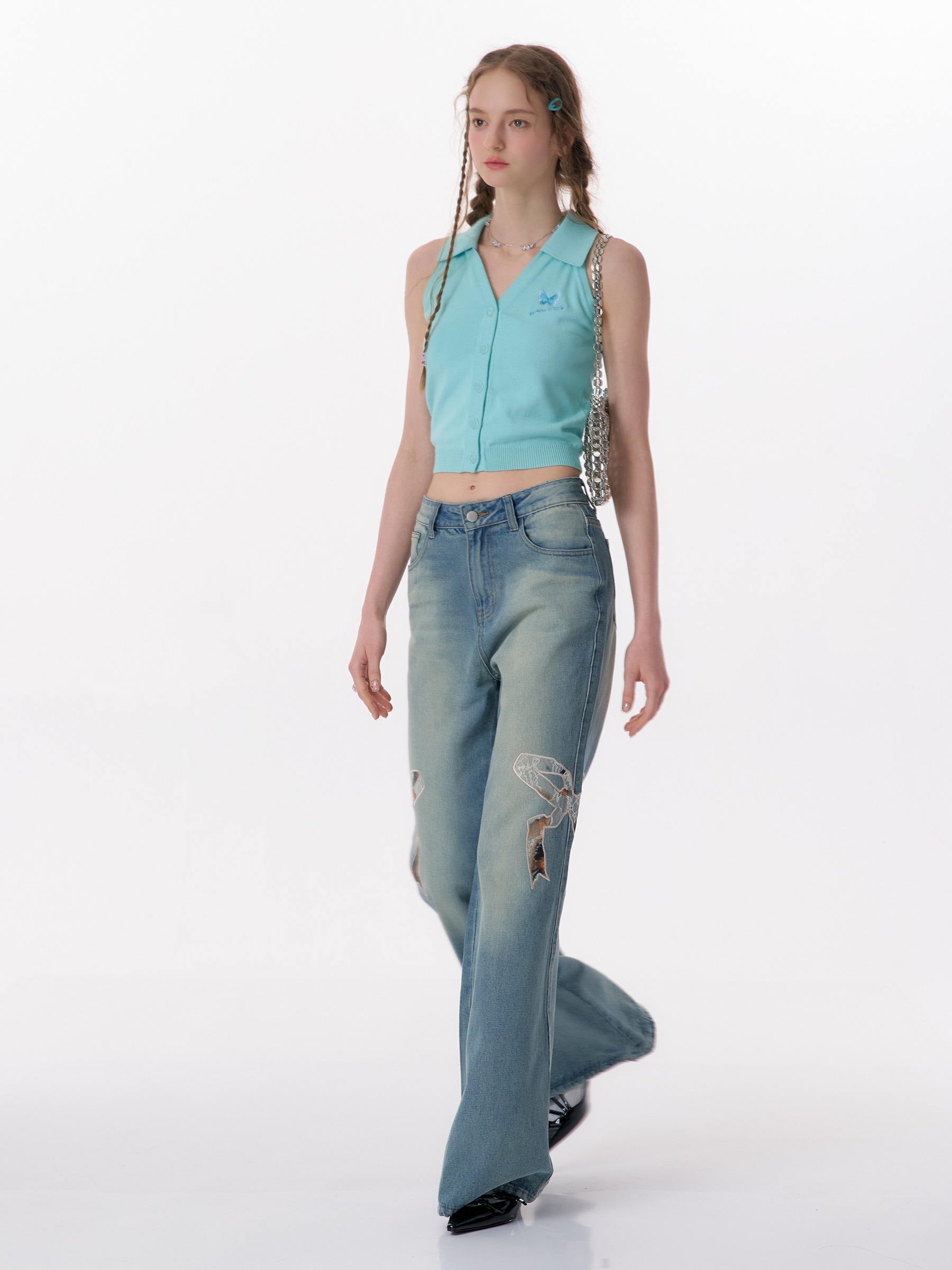 High Waist Bow Patch Wide Leg Straight Jeans