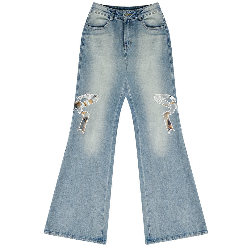 High Waist Bow Patch Wide Leg Straight Jeans - Denim Blue / S