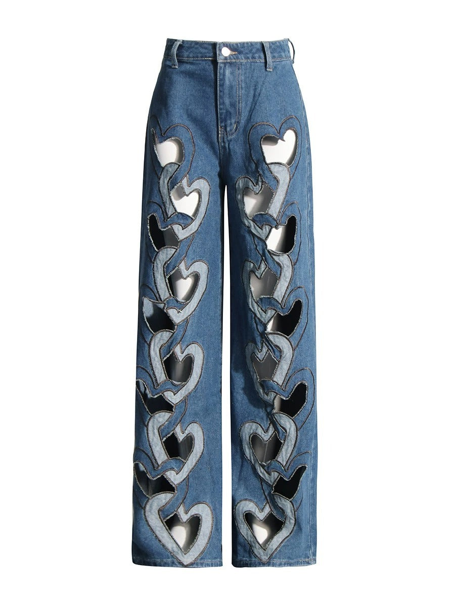High Waist Hollowed Heart Shape Wide Leg Jeans - Blue / S