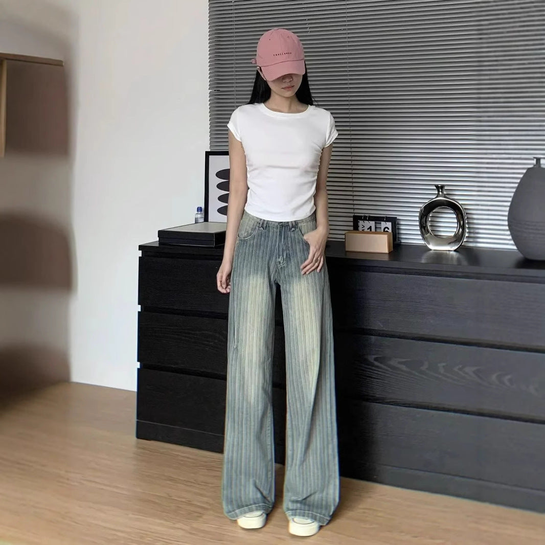 High Waist Striped Blue Loose Wide Leg Jeans Women Draped Pants
