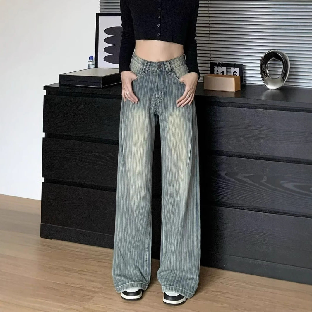 High Waist Striped Blue Loose Wide Leg Jeans Women Draped Pants