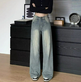 High Waist Striped Blue Loose Wide Leg Jeans Women Draped Pants - Striped Blue / S