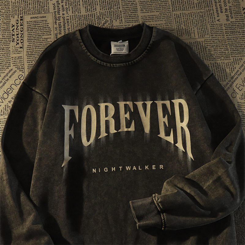Wash Water Crewneck Hoodie Men’s Niche Retro Autumn Couple Top - Black / M