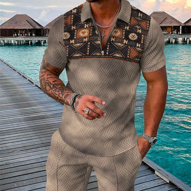 Men’s Summer Fashion 3D Printed Short Sleeve Geometric Zip Lapel Shirt Set