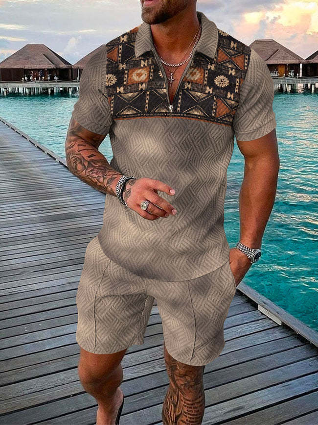 Men’s Summer Fashion 3D Printed Short Sleeve Geometric Zip Lapel Shirt Set - Beige grey / S