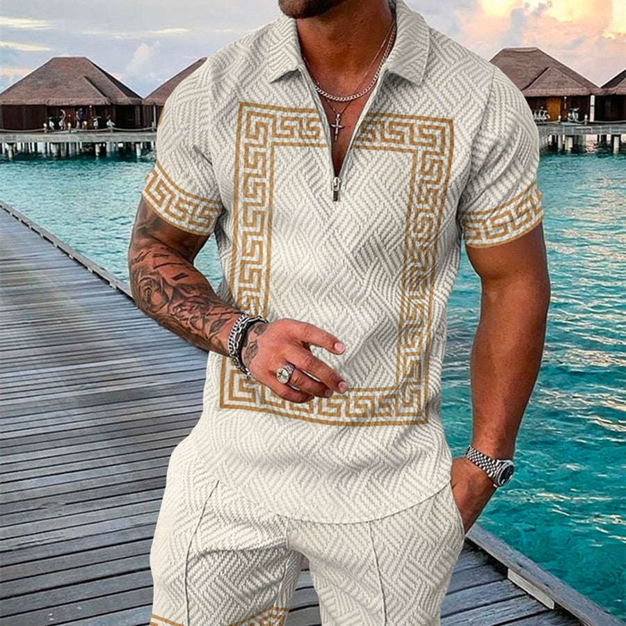 Men’s Summer Fashion 3D Printed Short Sleeve Geometric Zip Lapel Shirt Set