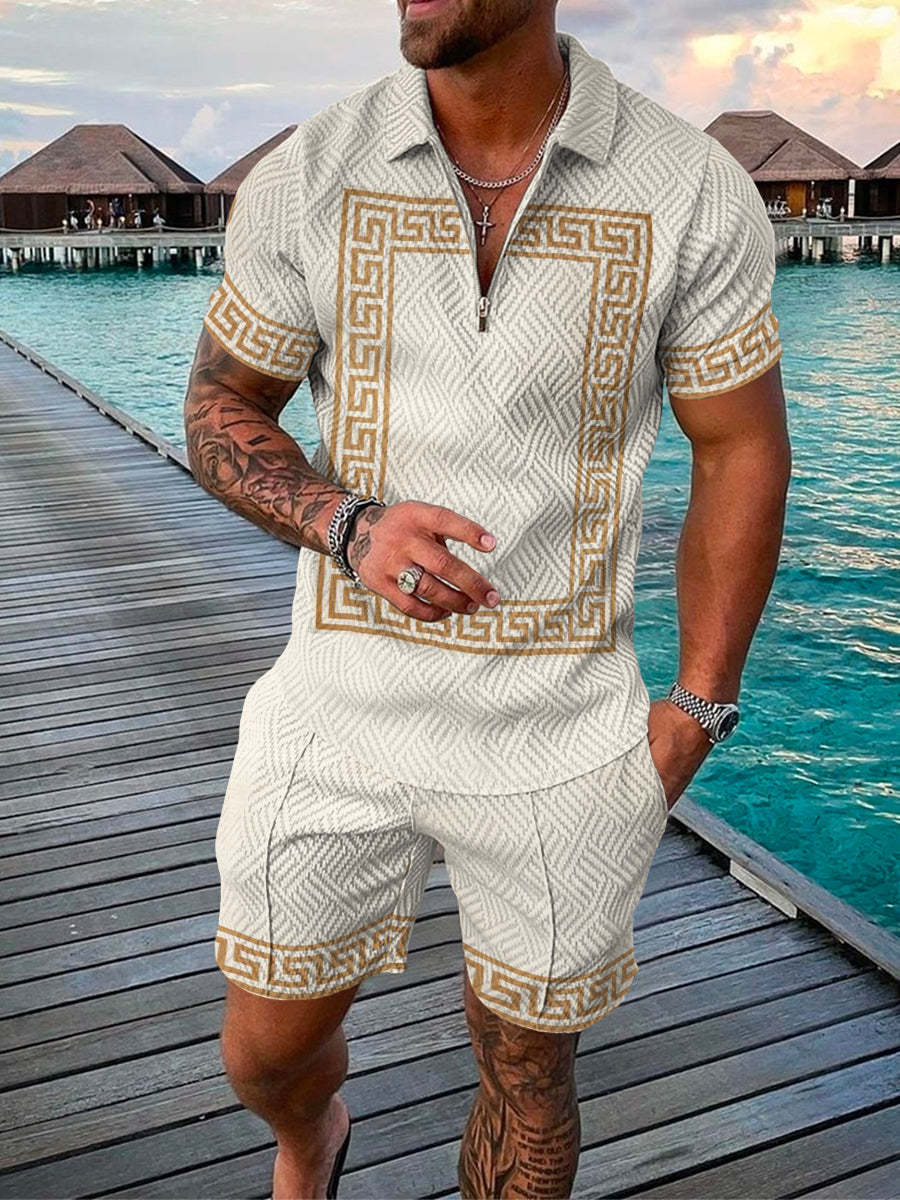Men’s Summer Fashion 3D Printed Short Sleeve Geometric Zip Lapel Shirt Set - Khaki / S