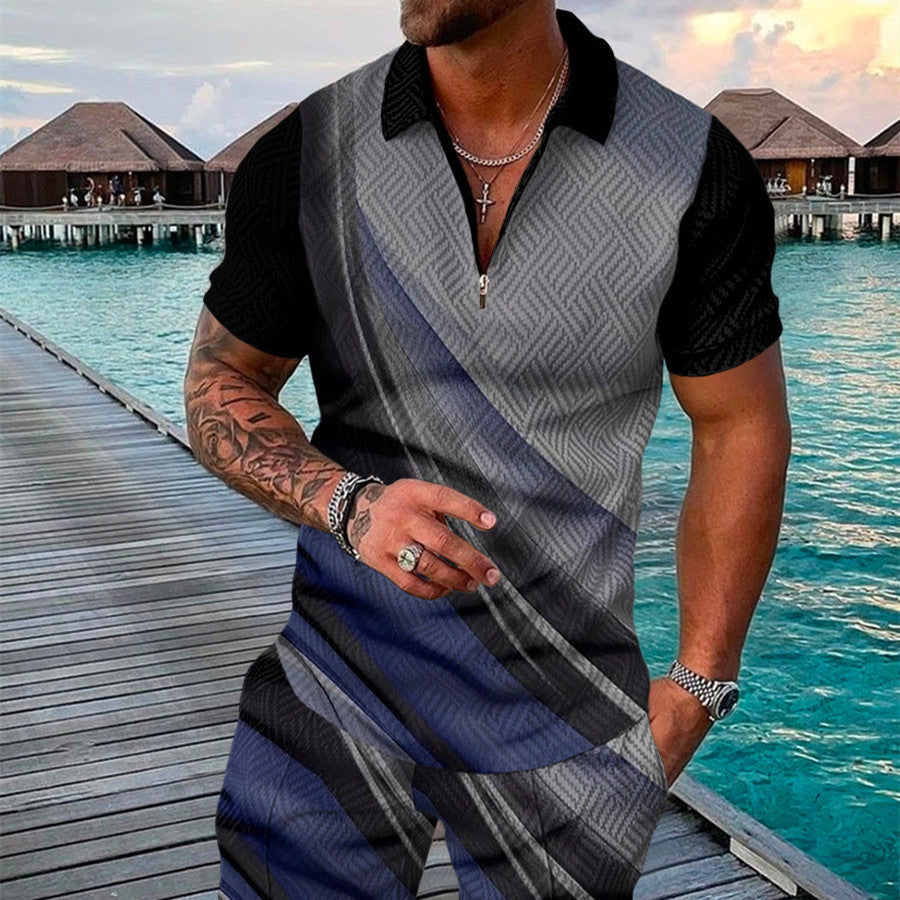 Men’s Summer Fashion 3D Printed Short Sleeve Geometric Zip Lapel Shirt Set