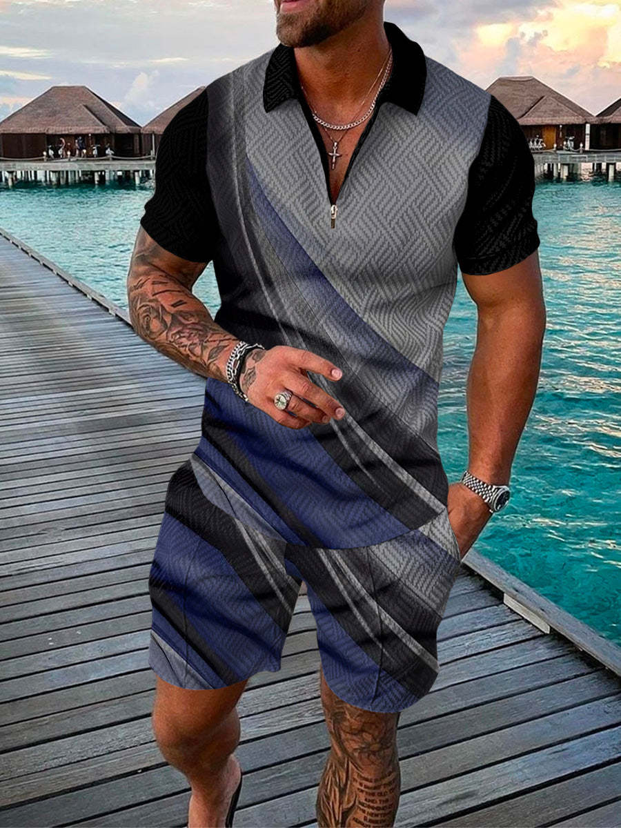 Men’s Summer Fashion 3D Printed Short Sleeve Geometric Zip Lapel Shirt Set - Black blue / S