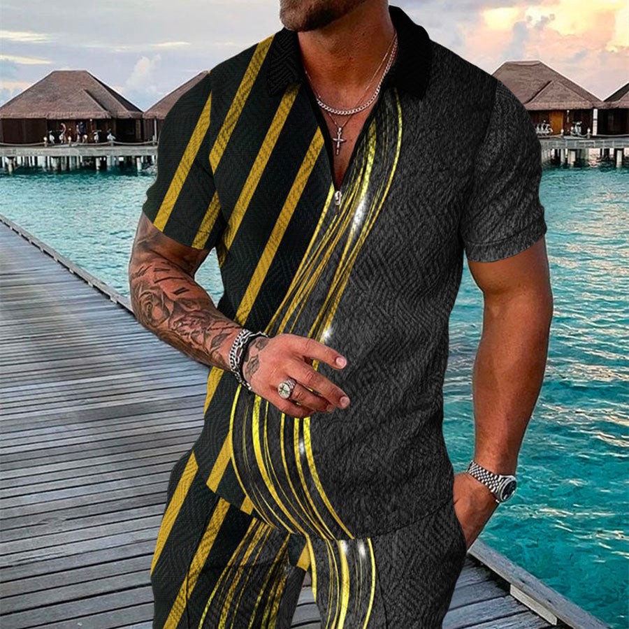 Men’s Summer Fashion 3D Printed Short Sleeve Geometric Zip Lapel Shirt Set
