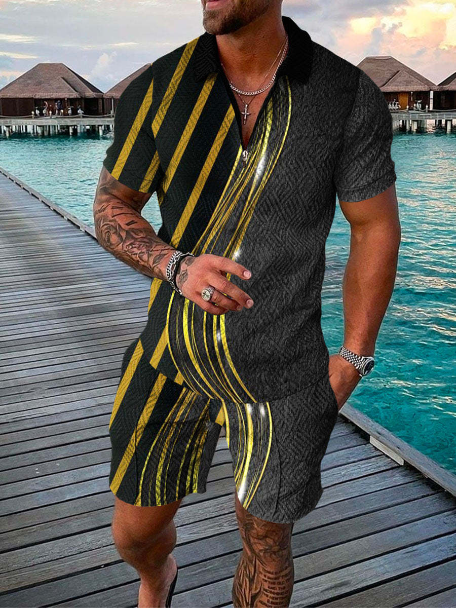 Men’s Summer Fashion 3D Printed Short Sleeve Geometric Zip Lapel Shirt Set - Black / S