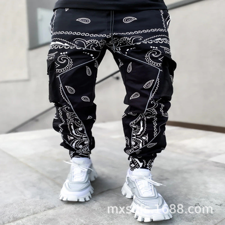 Men’s Print Trousers Loose Bloomers Casual Wide-Leg Harem Pants - Black / S