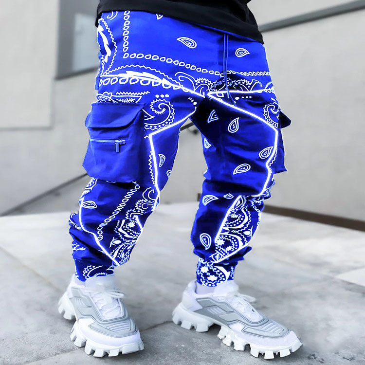Men’s Print Trousers Loose Bloomers Casual Wide-Leg Harem Pants - Blue / S