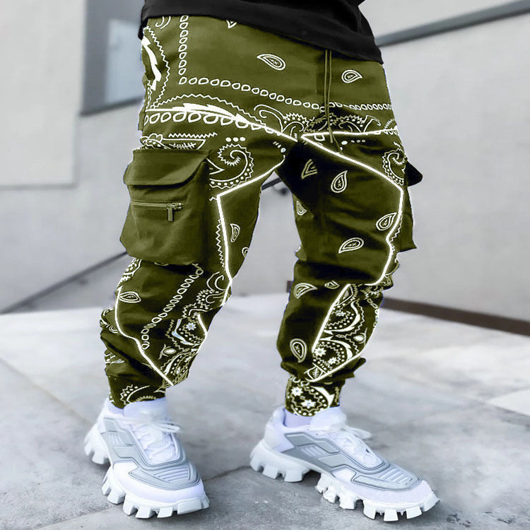 Men’s Print Trousers Loose Bloomers Casual Wide-Leg Harem Pants - Green / S